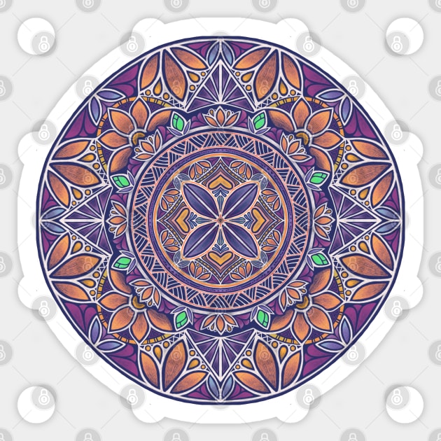 Floral Star Pacific Mandala orange & white on purple Sticker by AprilAppleArt